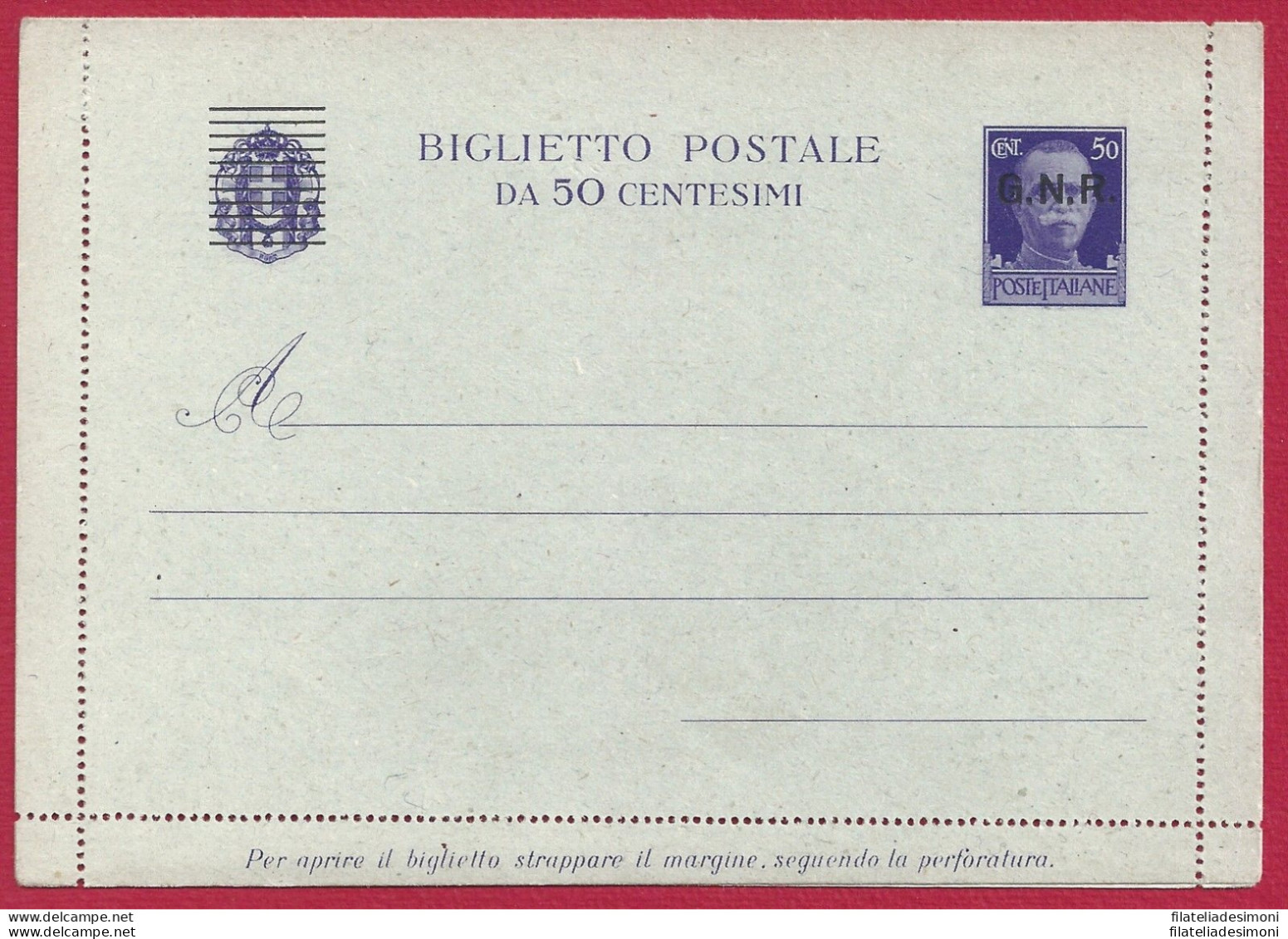 1944 RSI - B 34a - Cent. 50 Violetto GNR   Punto Dentro G NUOVO - Entero Postal