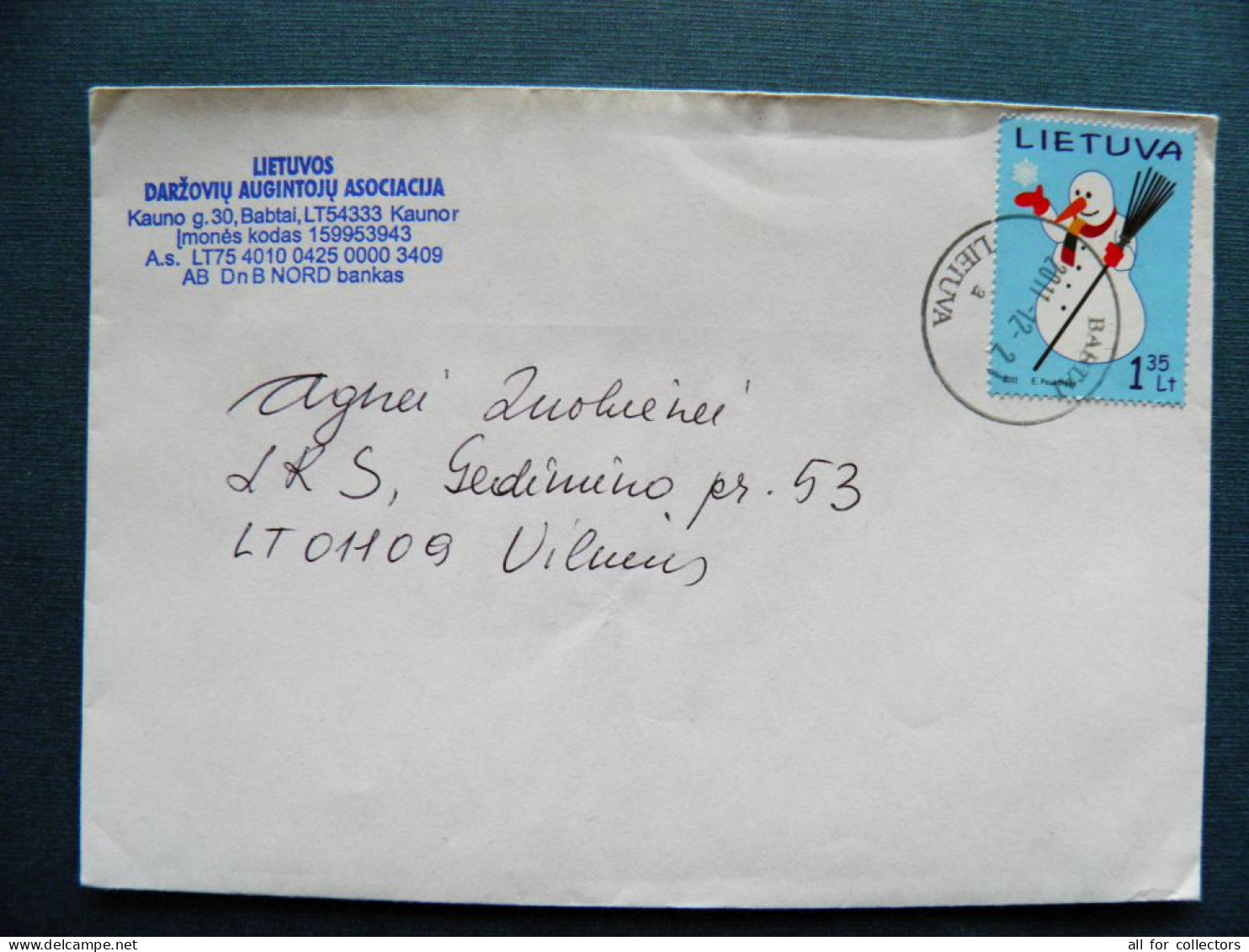 Cover Lithuania Sent From Babtai 2011 Christmas Noel Snowman Winter - Lithuania