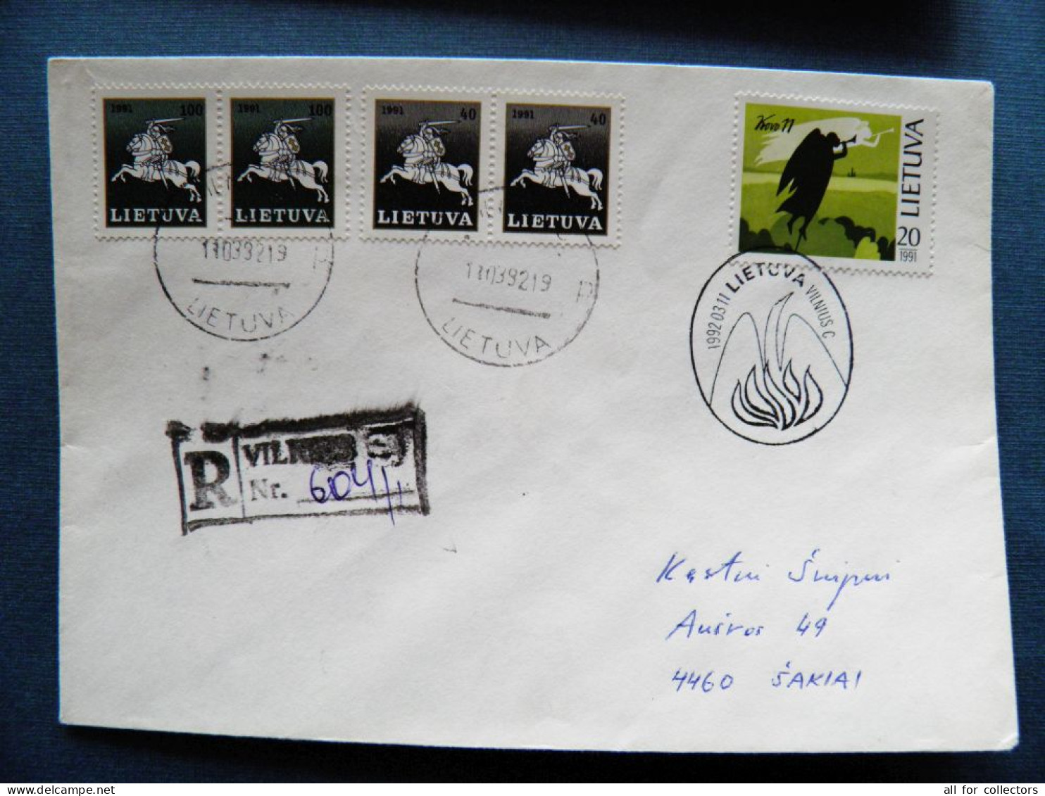 Cover Lithuania Sent From Vilnius To Sakiai Registered 1992 Special Cancel Kovo 11 Angel Independence - Lithuania