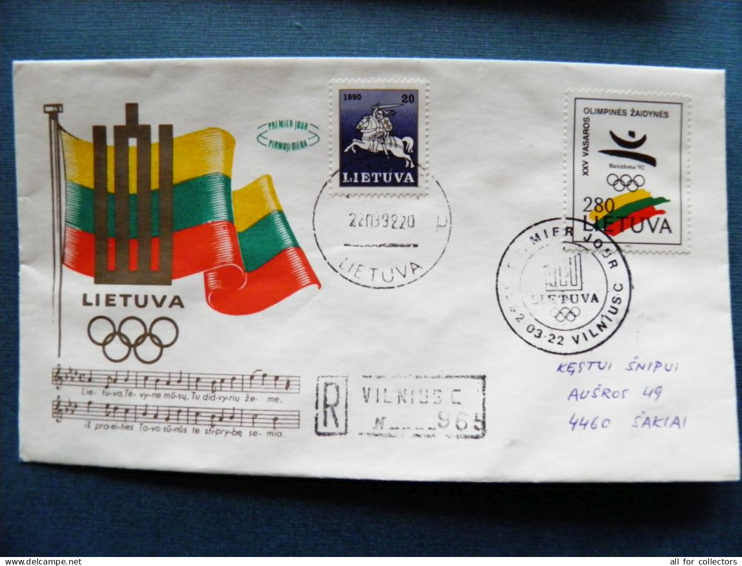 Numbered Cover Lithuania Sent From Vilnius To Sakiai Registered 1992 Special Fdc Cancel  Olympic Games Barcelona Spain  - Lituania