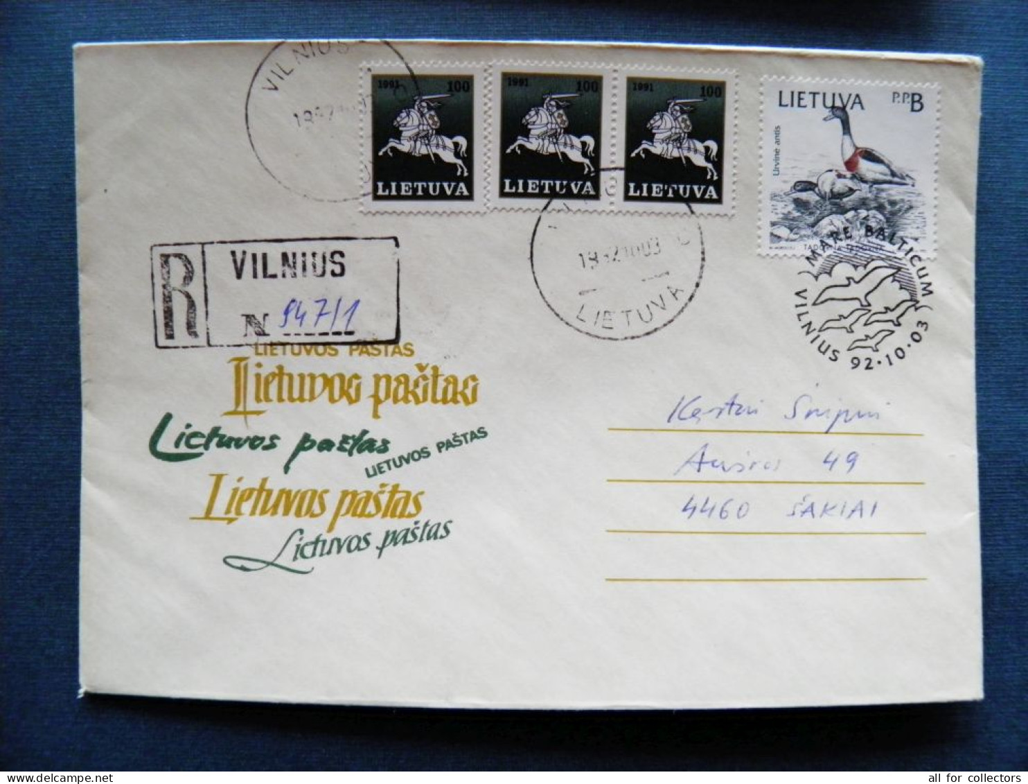 Cover Lithuania Sent From Vilnius To Sakiai Registered 1992 Special Cancel Mare Balticum Animals Birds Joint Issue - Lituania