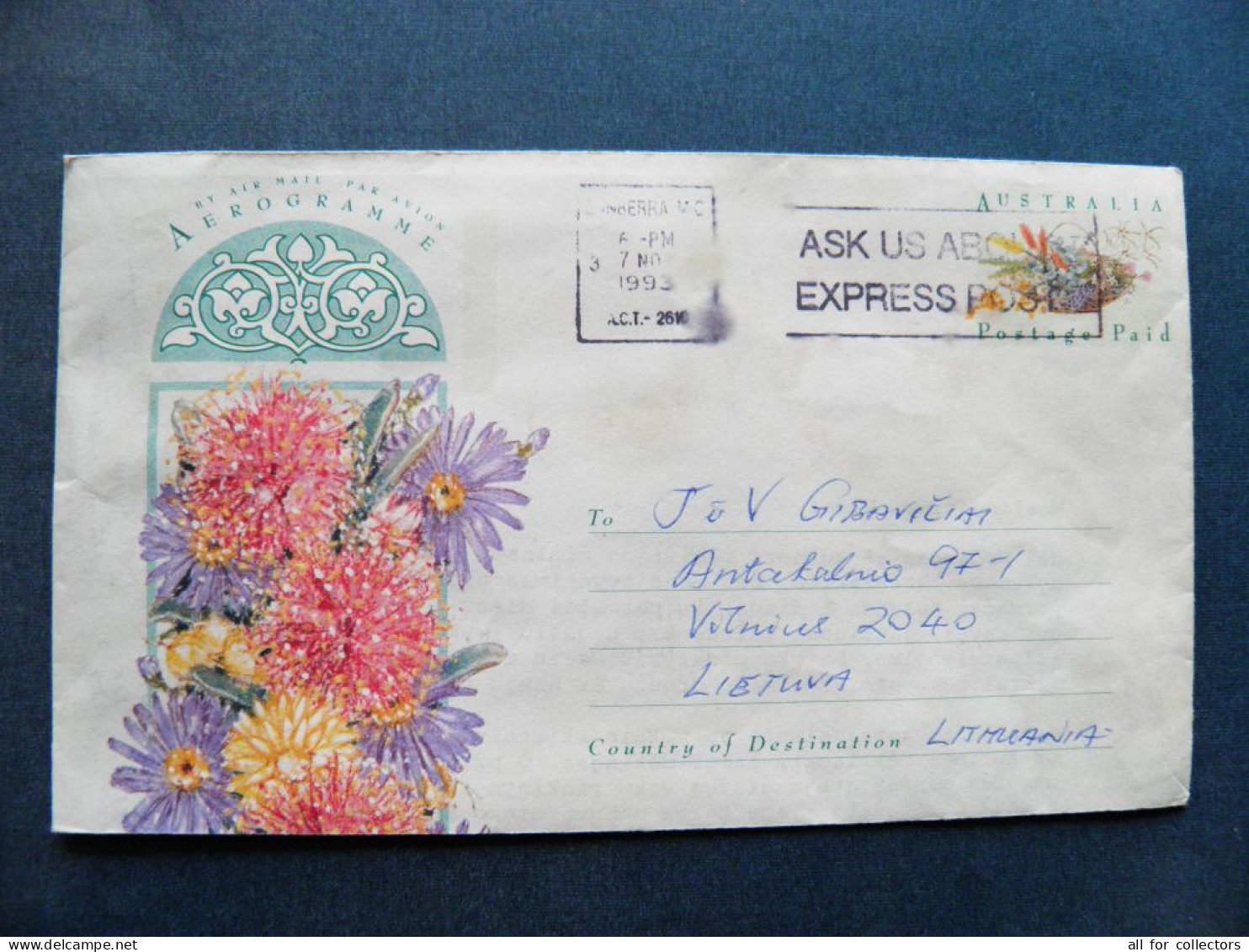 Aerogramme Cover Sent From Australia To Lithuania 1993 Flowers Atm Cancel Express Post - Briefe U. Dokumente