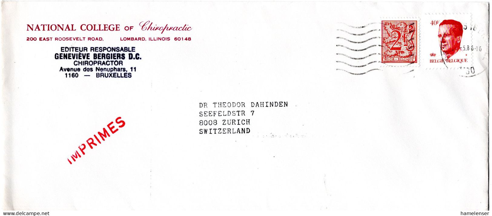 L77241 - Belgien - 1986 - 40F Baudouin MiF A DrucksBf BRUXELLES -> Schweiz - Briefe U. Dokumente