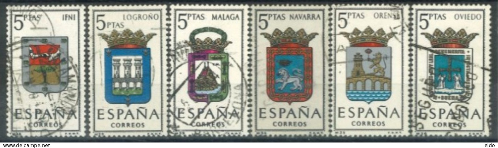 SPAIN,  1964, PROVINCIAL ARMS STAMPS SET OF 6, # 1069,1073,1076, &1078/80, USED. - Gebraucht