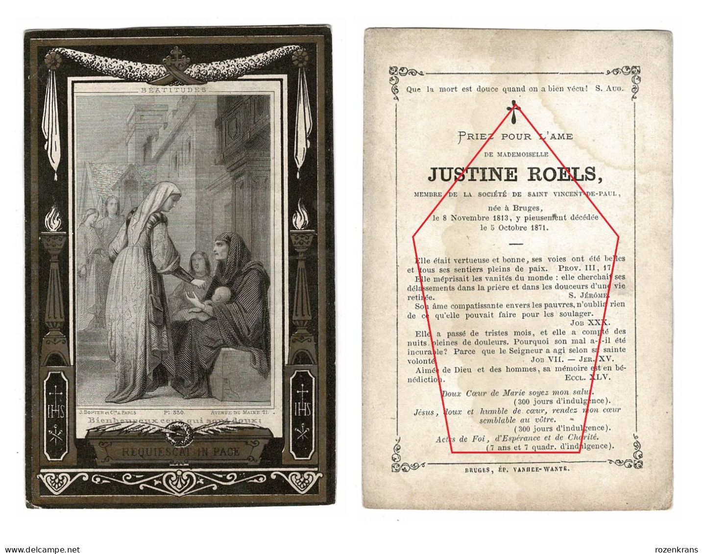 Justine Roels Brugge Bruges 1871 Vanhee Wante Dopter Paris Litho Zeer Oud Doodsprentje Bidprentje - Obituary Notices