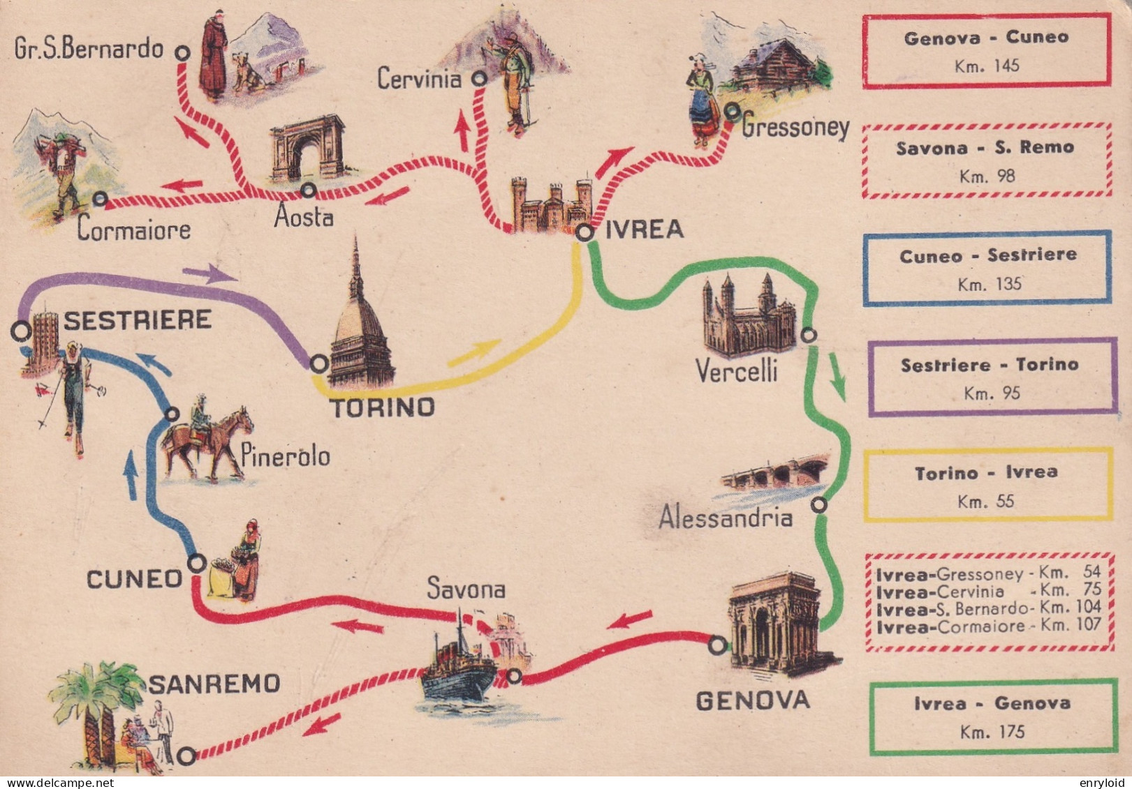 Pubblicitaria Esselube 1939 Cartina Con Distanze Km. - Werbepostkarten