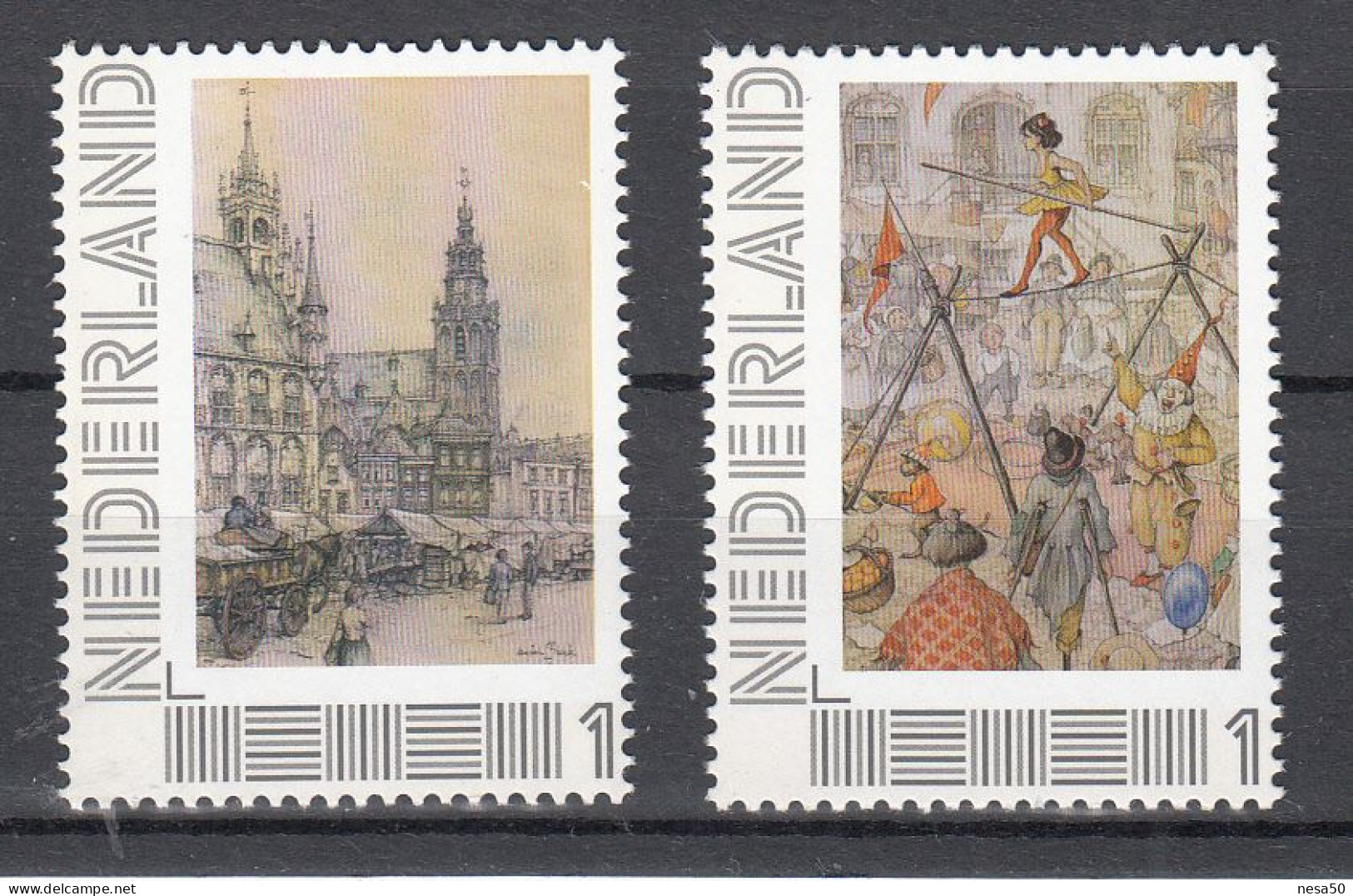 Nederland Persoonlijke Zegels: Wereld Van Anton Pieck: Stadhuizen + Ter Lering En Vermaak, Circus, Hoogwerker - Unused Stamps