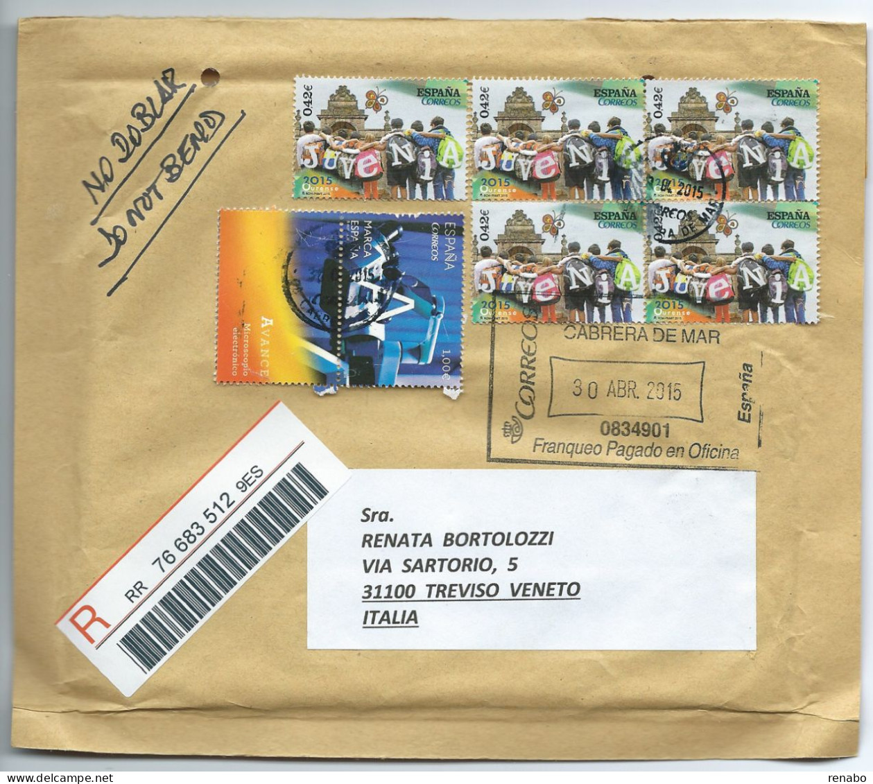 ESPANA 2015;Registered Padded Envelope To ITALY:Block Of 4 Juvenia + 1 In Good Condition + Microscopio Electronico - Cartas & Documentos