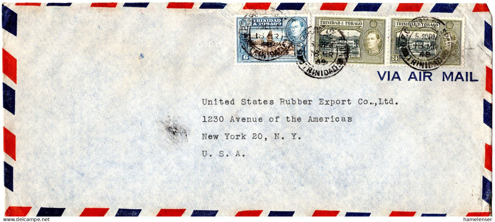 L77246 - Trinidad & Tobago - 1948 - 2@24c KGVI MiF A LpBf PORT OF SPAIN -> New York, NY (USA) - Trindad & Tobago (...-1961)