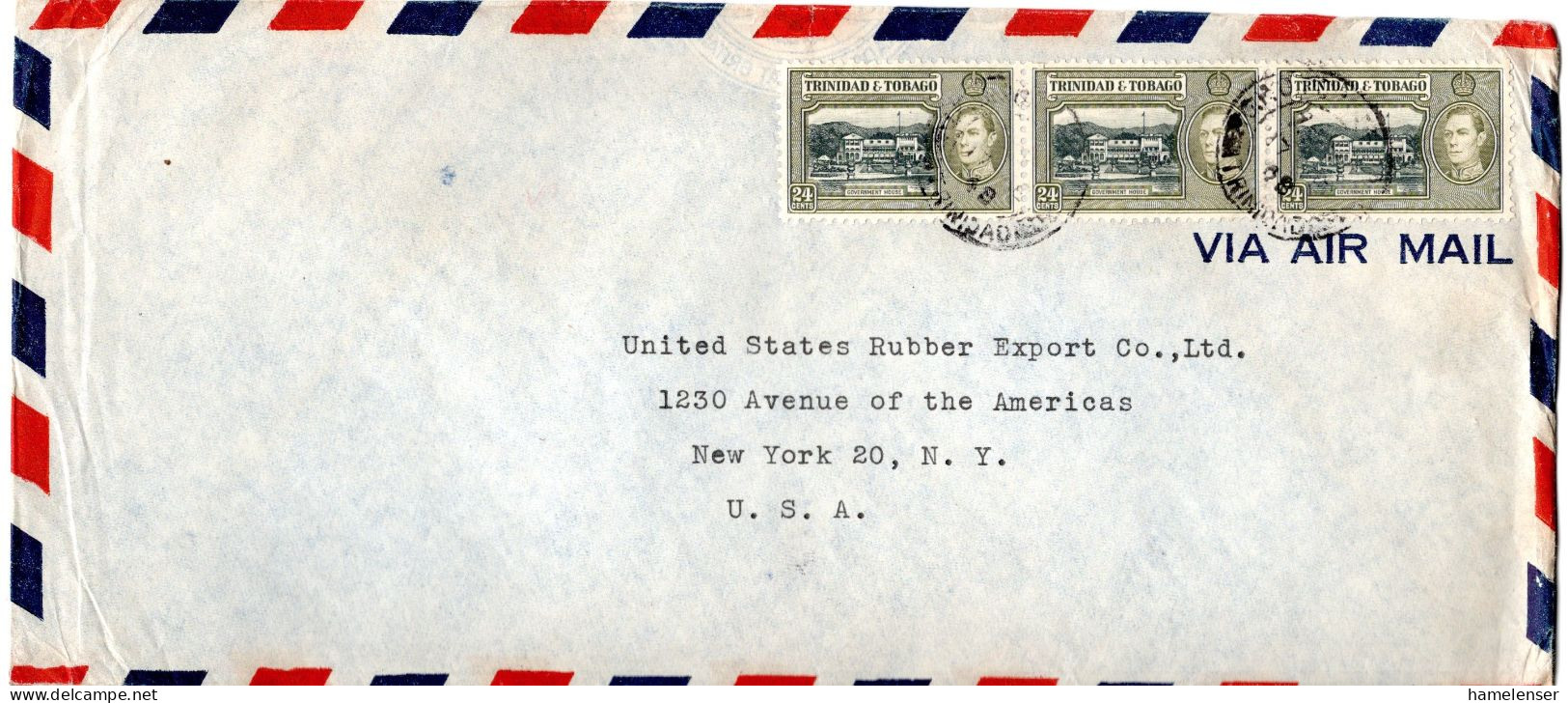 L77247 - Trinidad & Tobago - 1948 - 3@24c KGVI A LpBf PORT OF SPAIN -> New York, NY (USA) - Trinité & Tobago (...-1961)