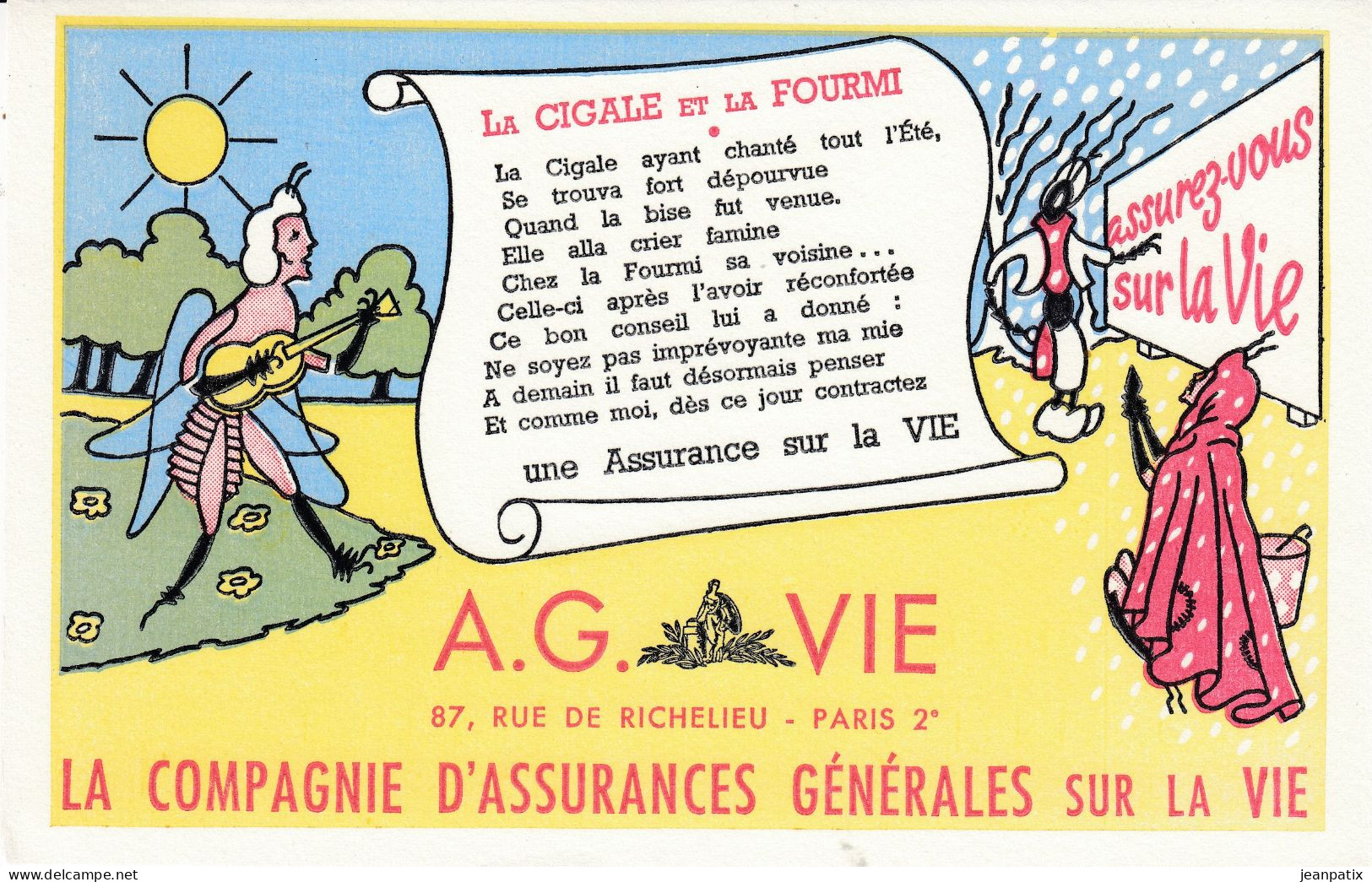 Buvard - Compagnie D'assurances Sur La Vie - A. G. Vie - Fable De La Fontaine - La Cigale Et La Fourmi - Autres & Non Classés