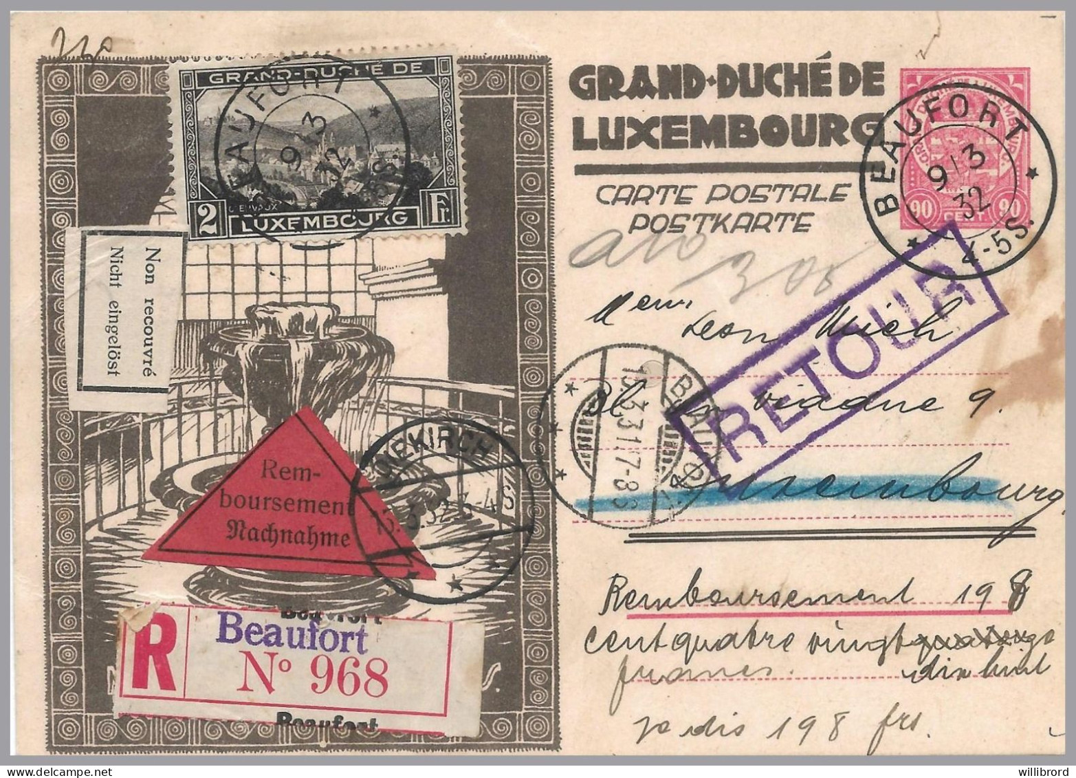 LUXEMBOURG - 1932 90c Fountain Domestic Registered COD - BEAUFORT T32 & T33 - Entiers Postaux