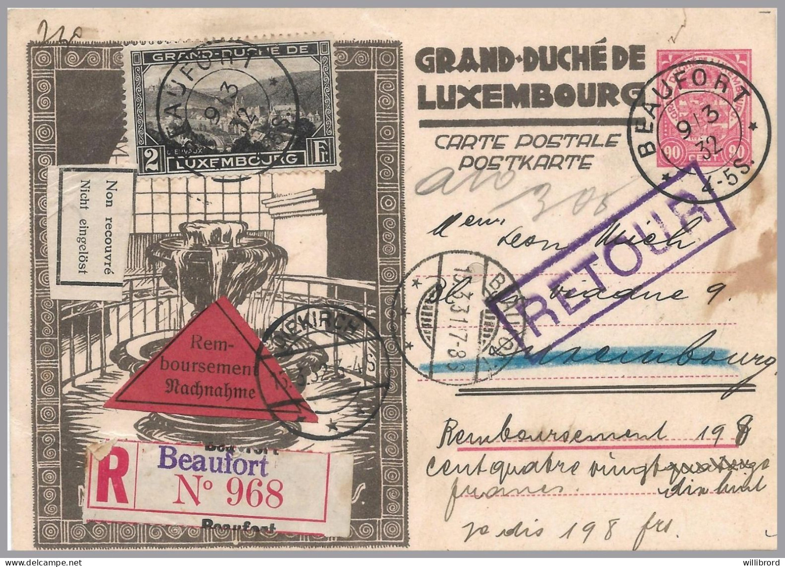 LUXEMBOURG - 1932 90c Fountain Domestic Registered COD - BEAUFORT T32 & T33 - Ganzsachen