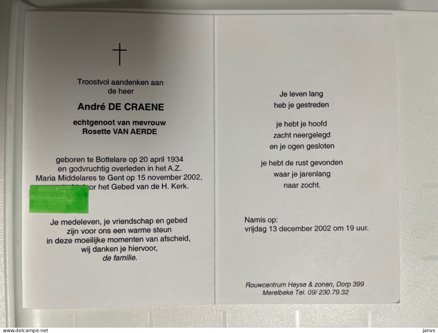 Devotie DP - Overlijden André De Craene Echtg Van Aerde - Bottelare 1934 - Gent 2002 - Todesanzeige