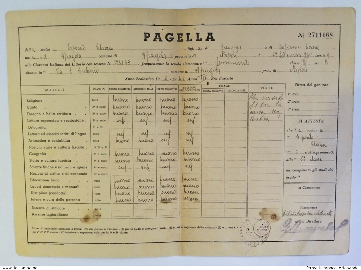 Bp4 Pagella Fascista Opera Balilla Ministero Educazione Nazionale Afragola 1941 - Diplomi E Pagelle