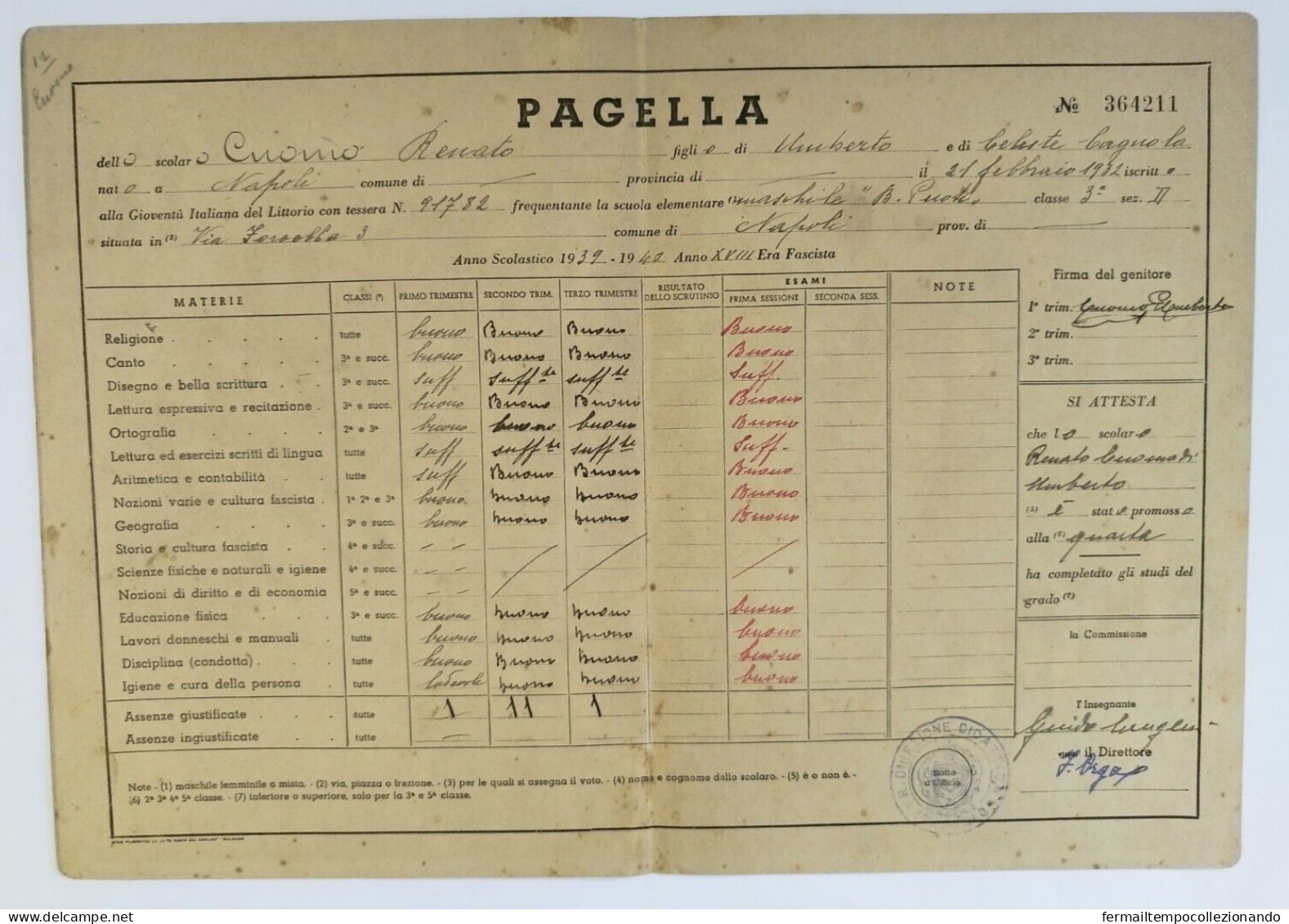 Bp6 Pagella Fascista Opera Balilla Ministero Educazione Nazionale Napoli 1940 - Diploma & School Reports