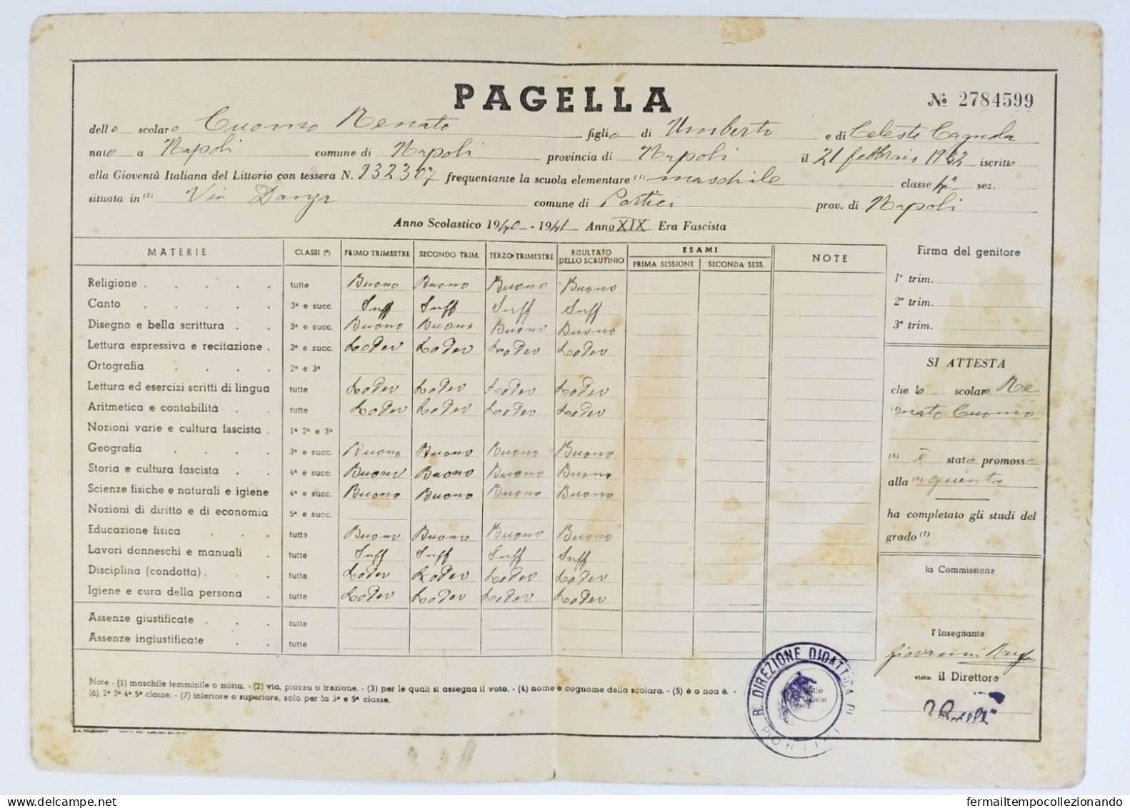 Bp5 Pagella Fascista Opera Balilla Ministero Educazione Nazionale Portici 1941 - Diplomi E Pagelle