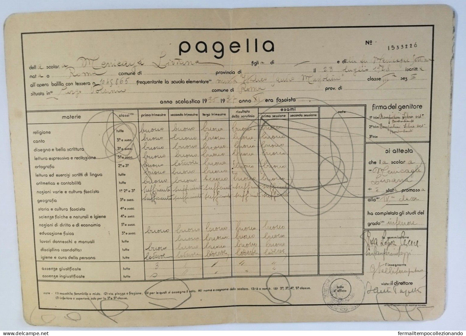 Bp13 Pagella Fascista Opera Balilla Ministero Educazione Nazionale Roma 1937 - Diploma & School Reports