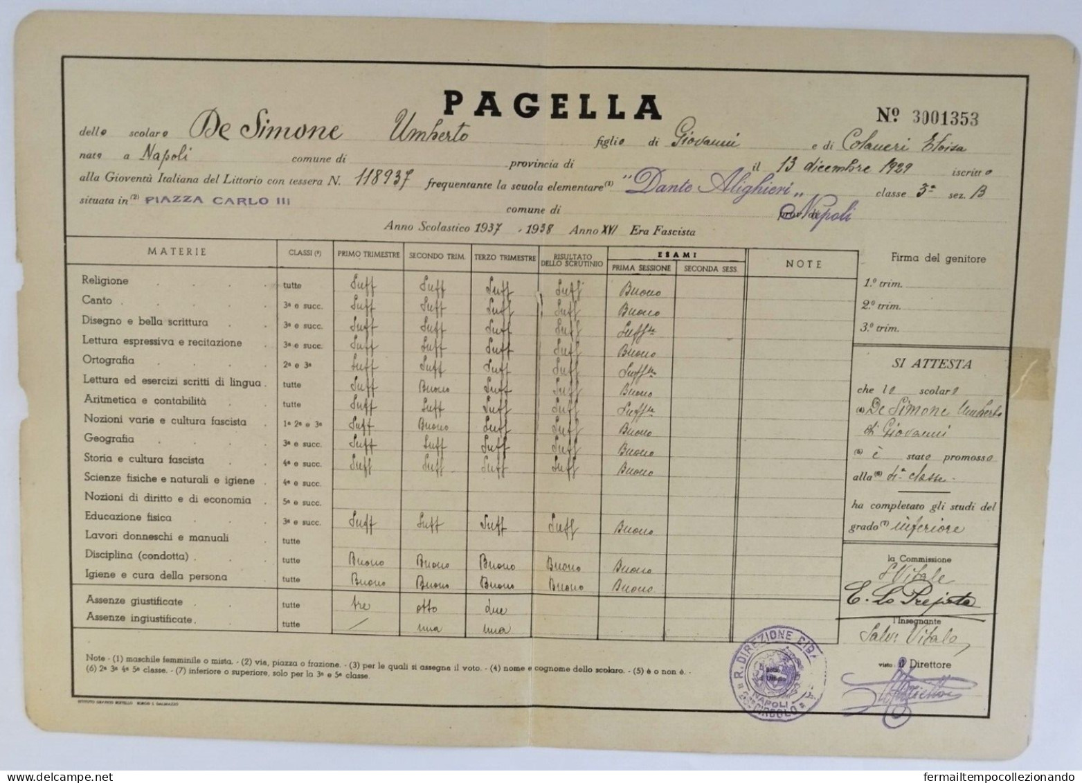 Bp11 Pagella Fascista Opera Balilla Ministero Educazione Nazionale Napoli 1938 - Diploma & School Reports