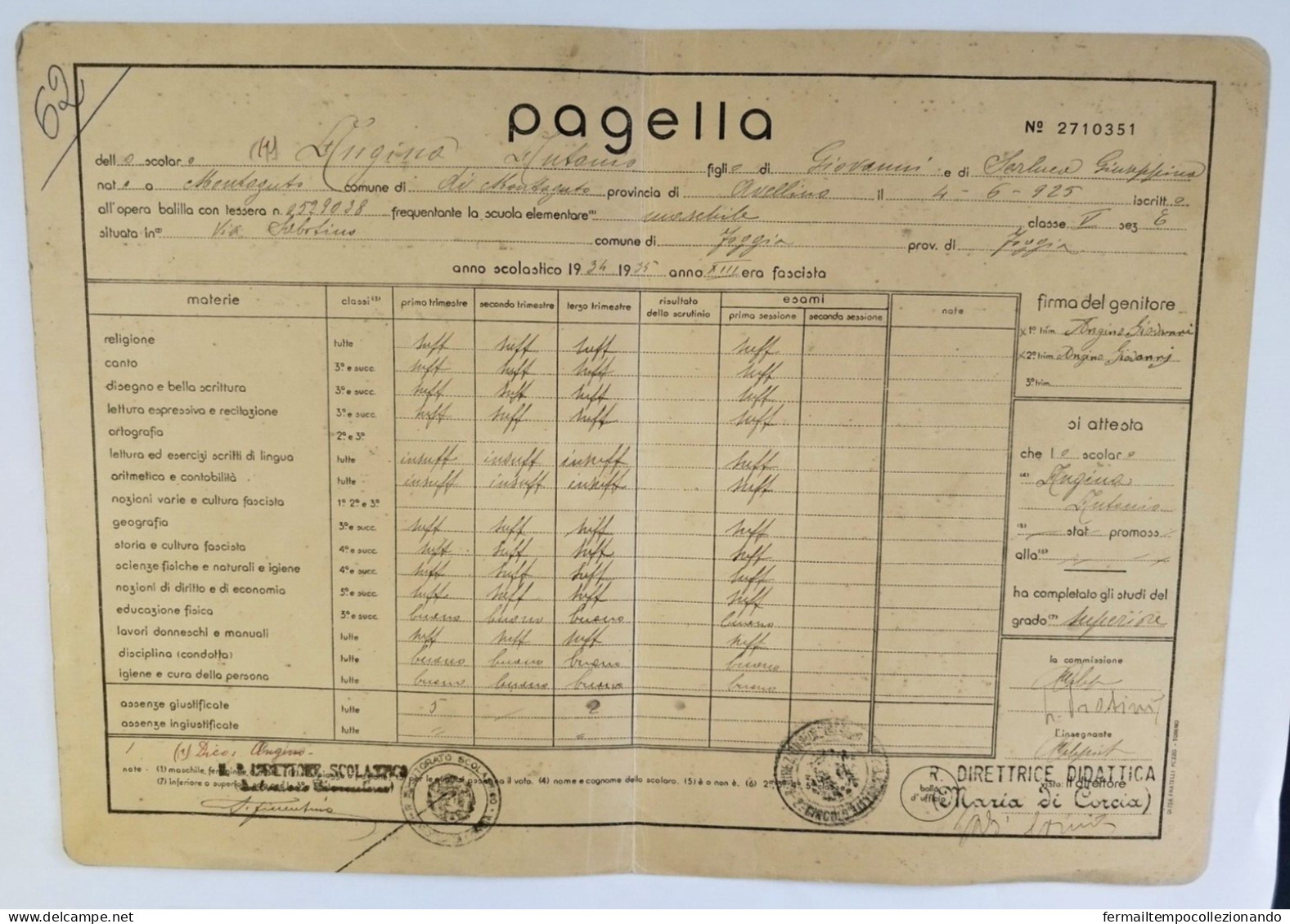 Bp9 Pagella Fascista Opera Balilla Ministero Educazione Nazionale Foggia 1935 - Diplomi E Pagelle