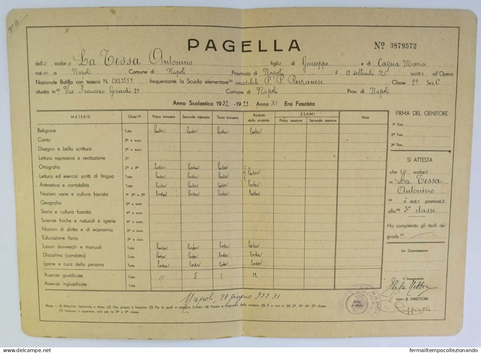 Bp16 Pagella Fascista Opera Balilla Ministero Educazione Nazionale Napoli 1933 - Diploma's En Schoolrapporten