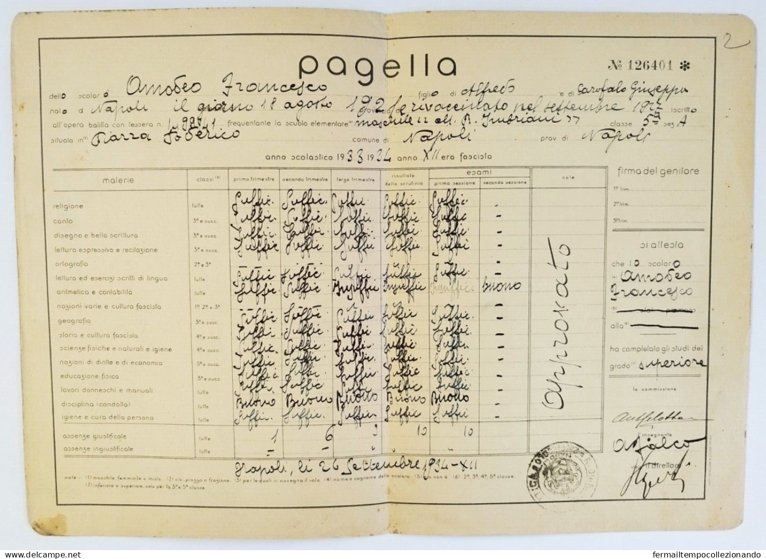 Bp17 Pagella Fascista Opera Balilla Ministero Educazione Nazionale Napoli 1934 - Diploma & School Reports