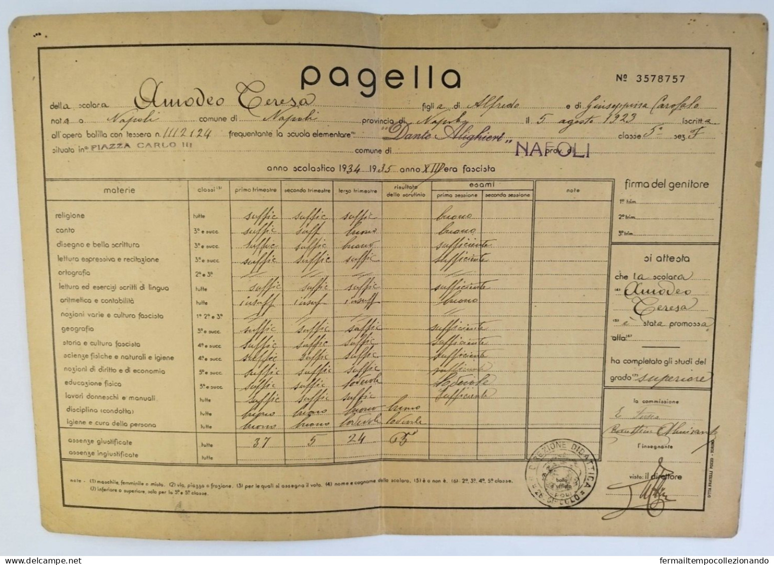 Bp18 Pagella Fascista Opera Balilla Ministero Educazione Nazionale Napoli 1935 - Diploma's En Schoolrapporten