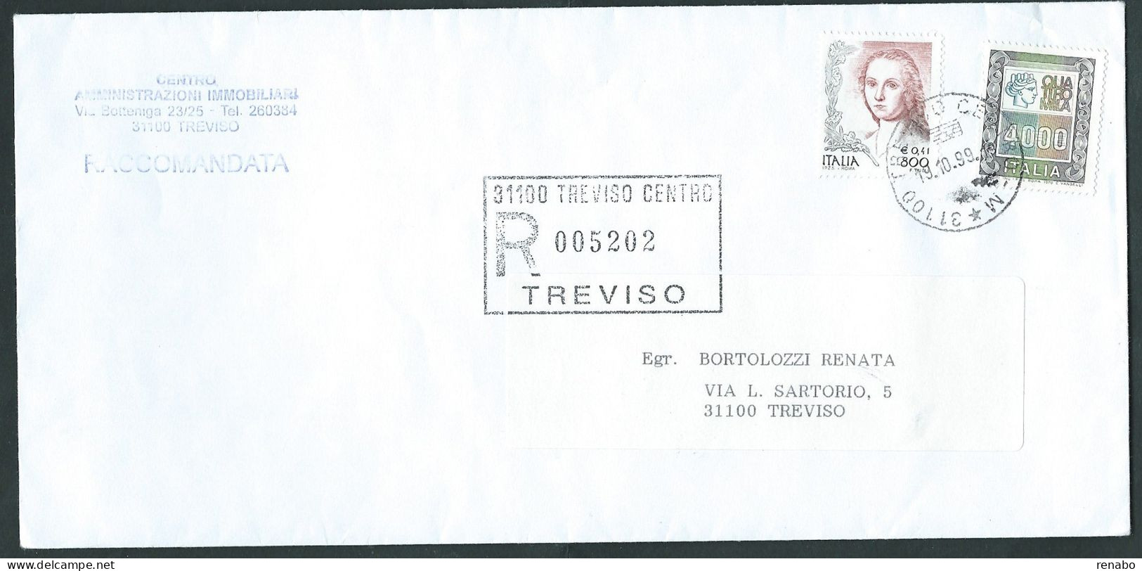 Italia 1999; Raccomandata (stampata) Affrancata Con Donna Nell' Arte Da € 0,41 = Lire 800 + Alti Valori Da Lire 400 - 1991-00: Poststempel