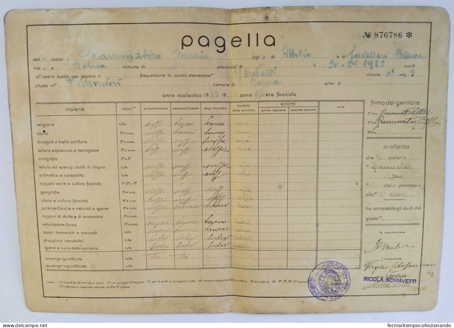 Bp19 Pagella Fascista Opera Balilla Ministero Educazione Nazionale Roma 1934 - Diplômes & Bulletins Scolaires