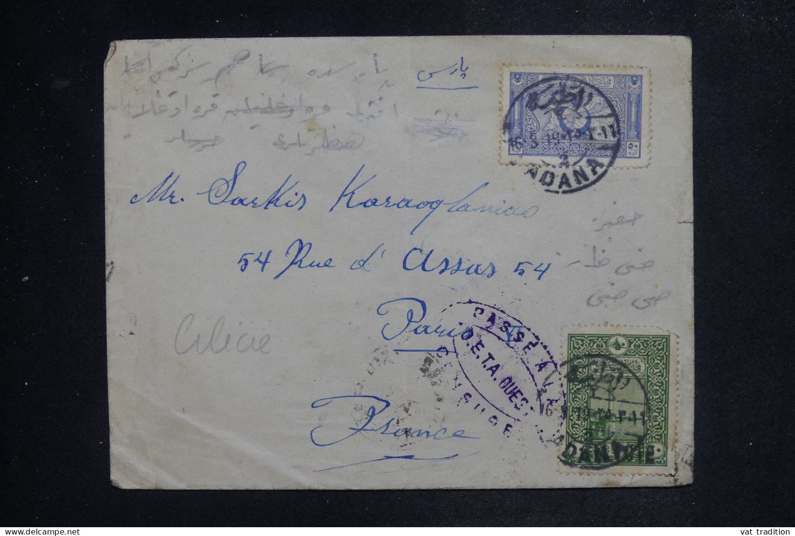 TURQUIE - CILICIE - Enveloppe De Adana Pour Paris En 1919 Avec Cachet De Censure - L 151802 - Briefe U. Dokumente