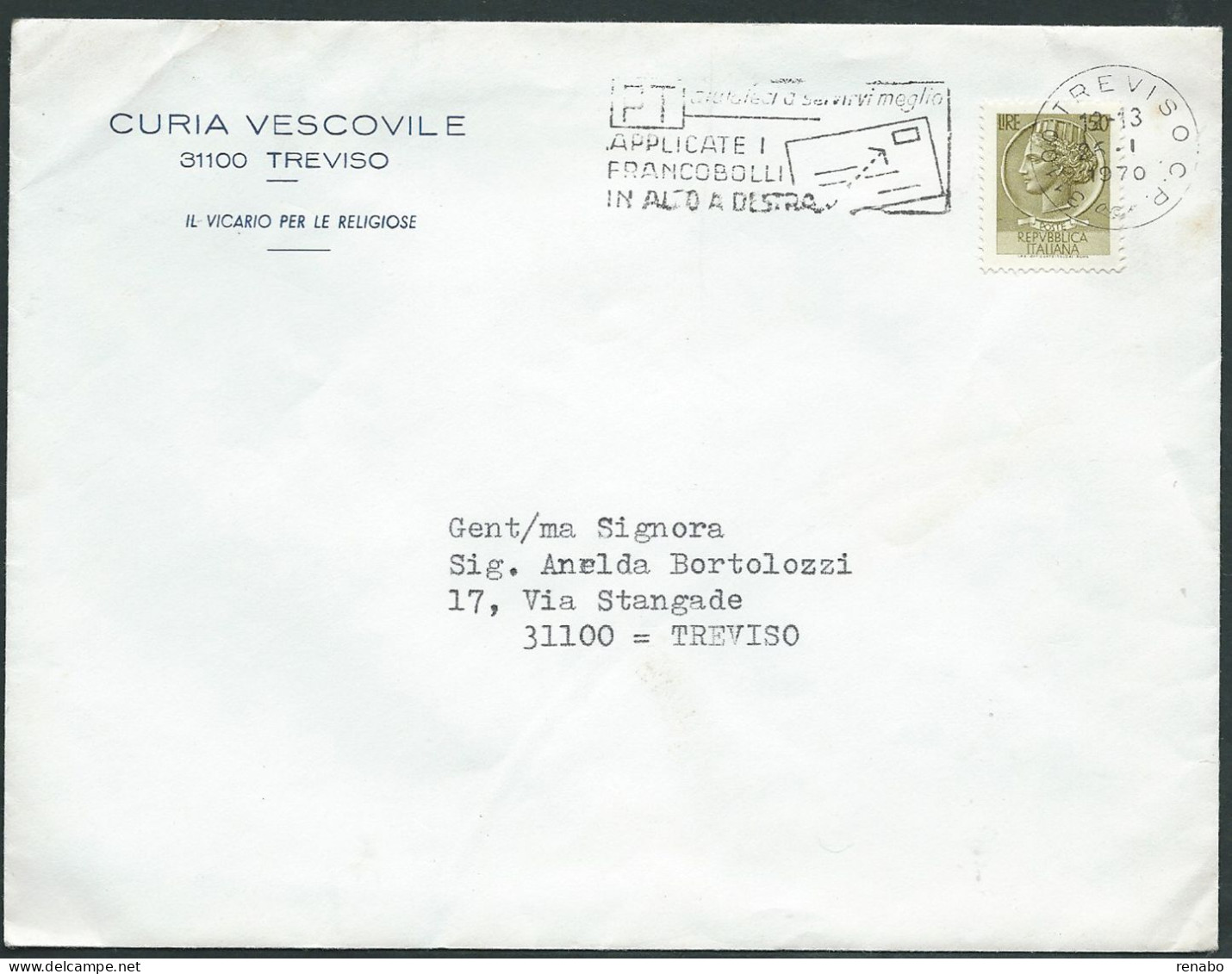 Italia 1970; Targhetta Con Consigli Postali : Siracusana Da Lire 50 . Provenienza Curia Vescovile . - 1961-70: Marcophilie