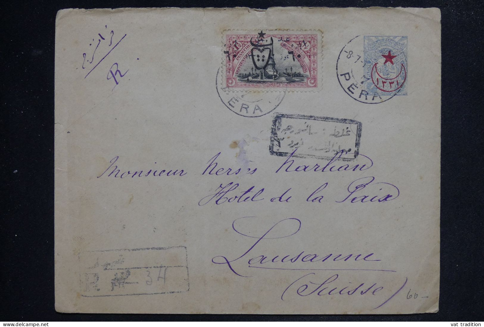 TURQUIE - Entier En Recommandé Avec Complément De Pera Pour La Suisse En 1917 Avec étiquette Au Verso - L 151803 - Lettres & Documents