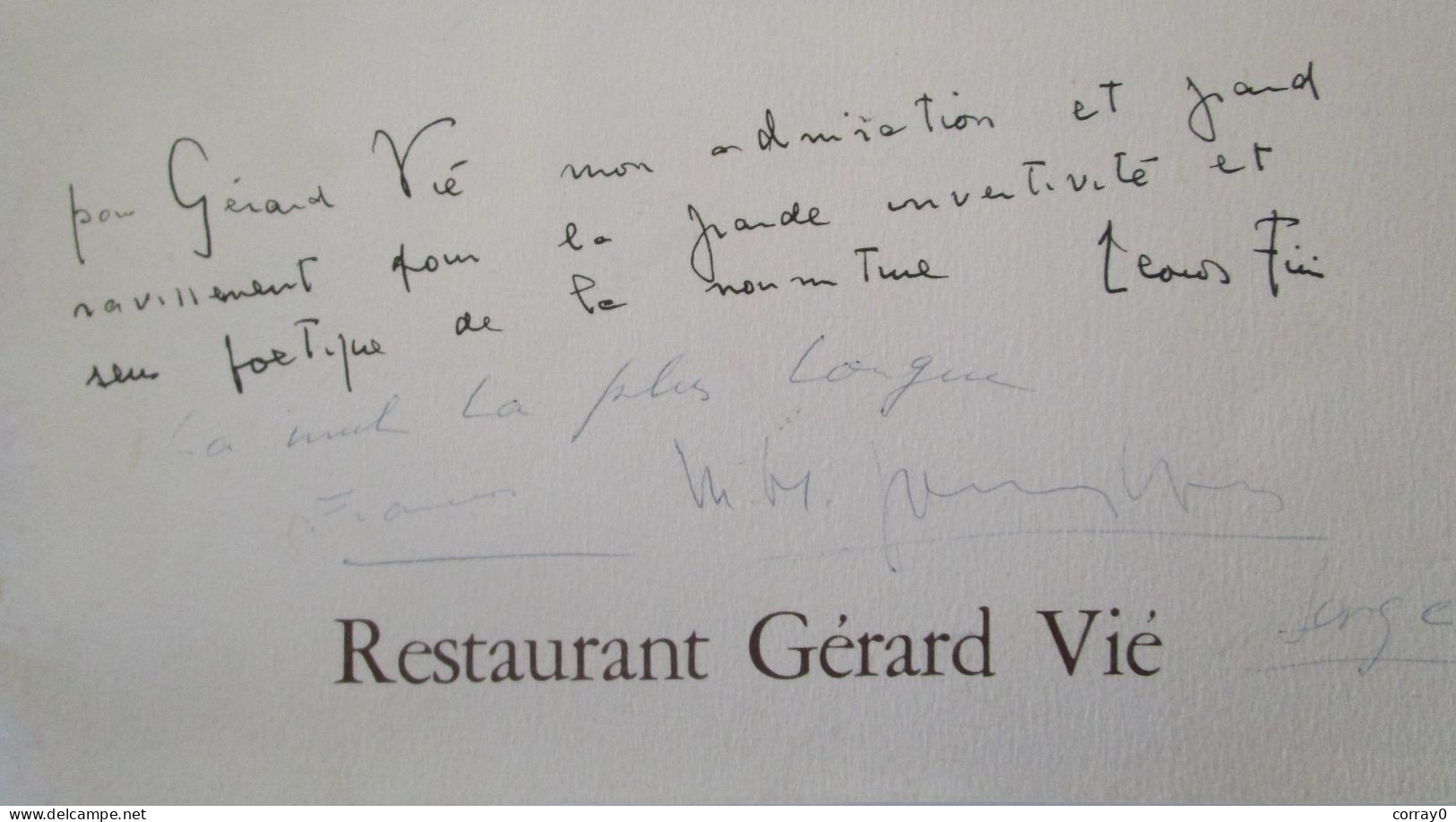 MENU. Restaurant Gérard VIE. "Dedicaces Peintre Léonor FINI" - Menus