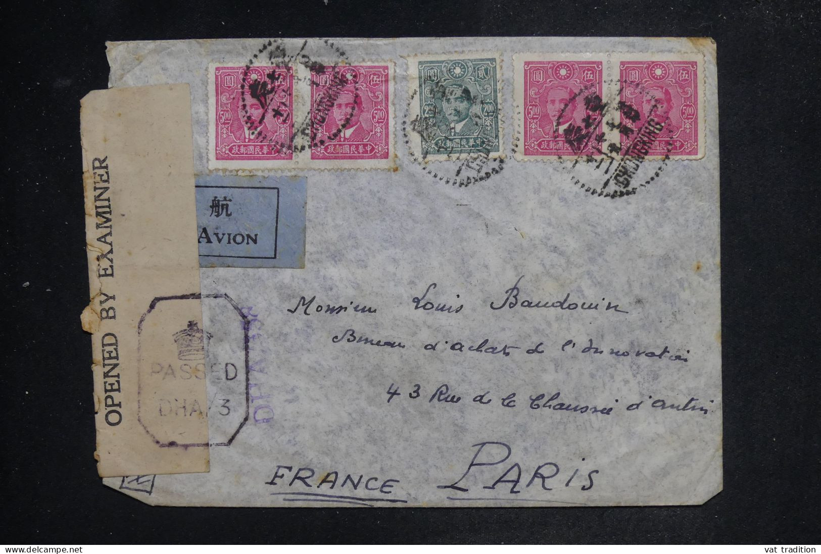 CHINE - Enveloppe De Chongking Pour Paris Avec Contrôle Postal Anglais - L 151804 - 1912-1949 Republik