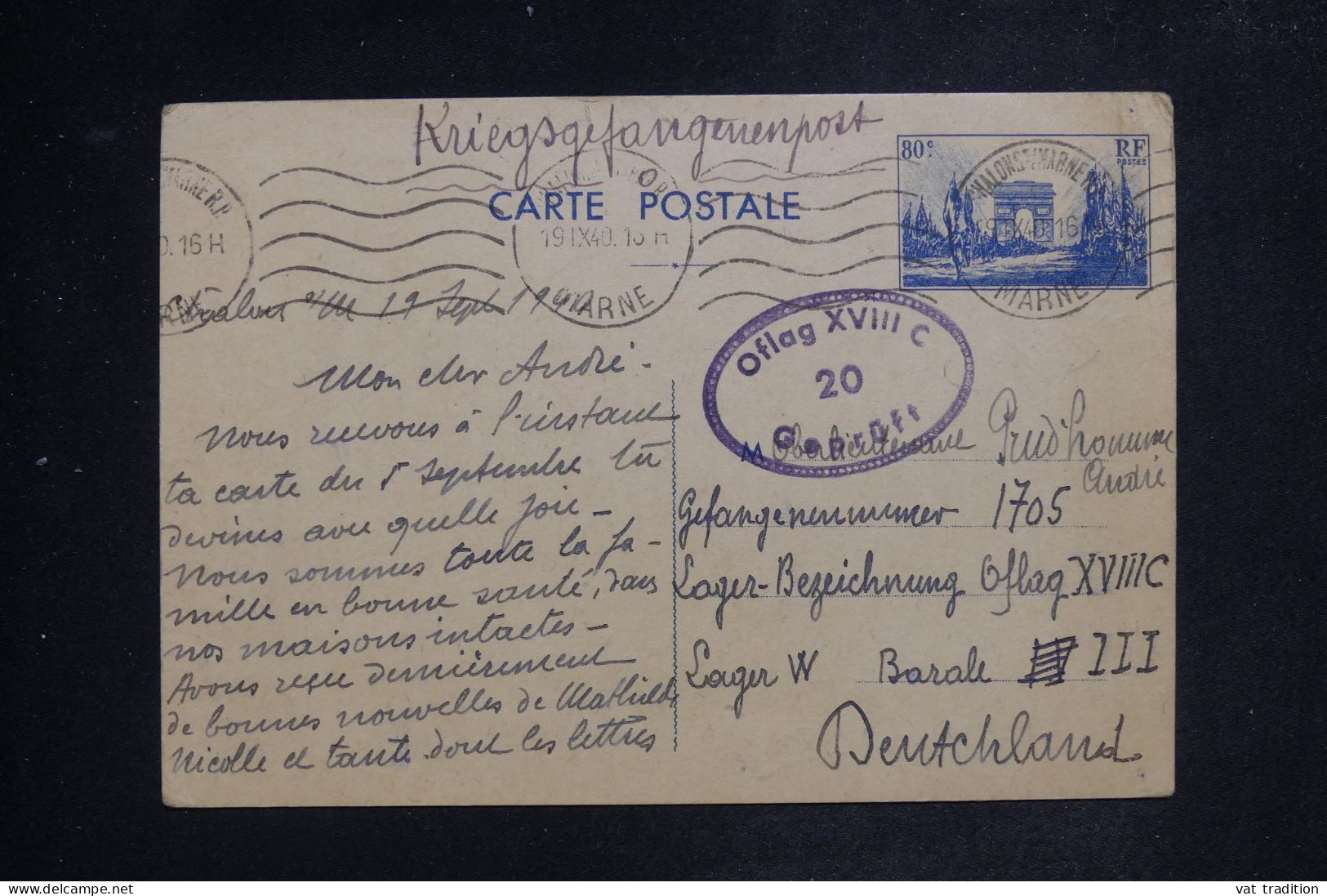 FRANCE - Entier Postal Arc De Triomphe, De Chalons/Marne Pour Un Prisonnier De Guerre à L'Oflag XVIIIC En 1940- L 151805 - Standard Postcards & Stamped On Demand (before 1995)