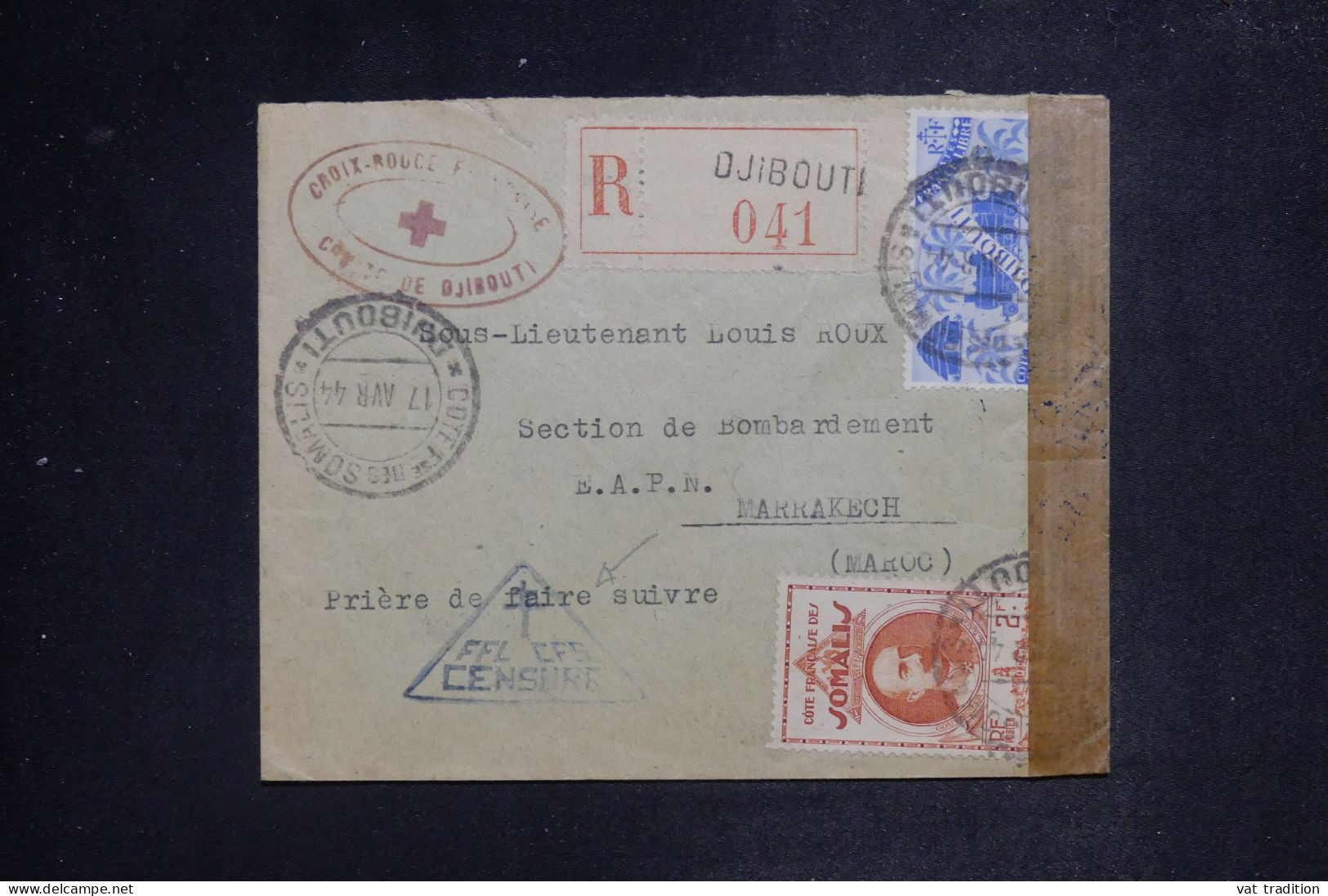 CÔTE DES SOMALIS - Enveloppe De La Croix Rouge De Djibouti En Recommandé Pour Le Maroc En 1944 Avec Contrôle - L 151807 - Cartas & Documentos