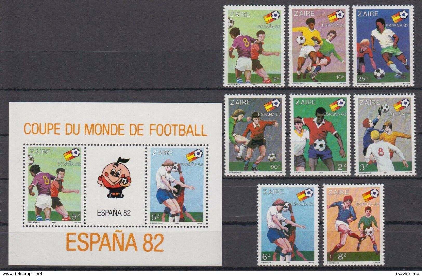 Zaire - 1982 - Soccer World Cup: Spain - Yv 1043/50 + Bf 25 - 1982 – Spain