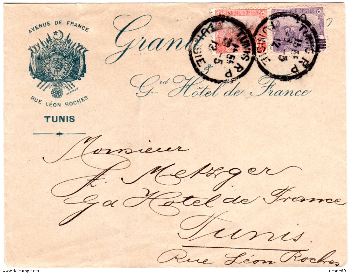Tunesien 1912, 10+10/15 C. Auf Hotel Brief V. Tunis - Africa (Varia)