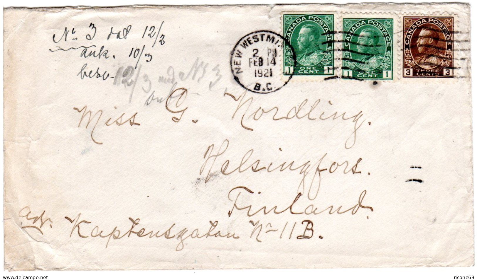 Kanada 1921, 3+2x1 C. Auf Brief V. New Westminster N. Finnland. Destination! - Histoire Postale