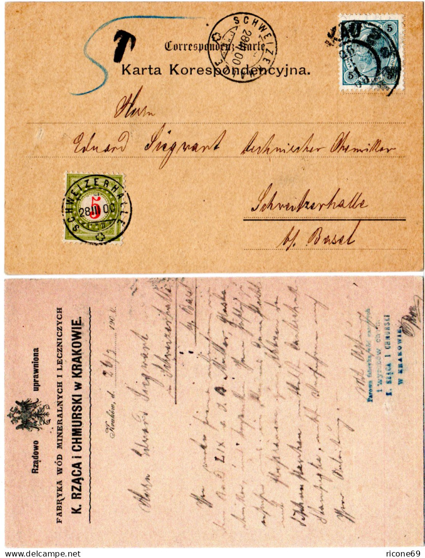Österreich Polen 1900, 5 H. Auf Krakau Mineralwasser Karte M Schweiz Portomarke - Brieven En Documenten