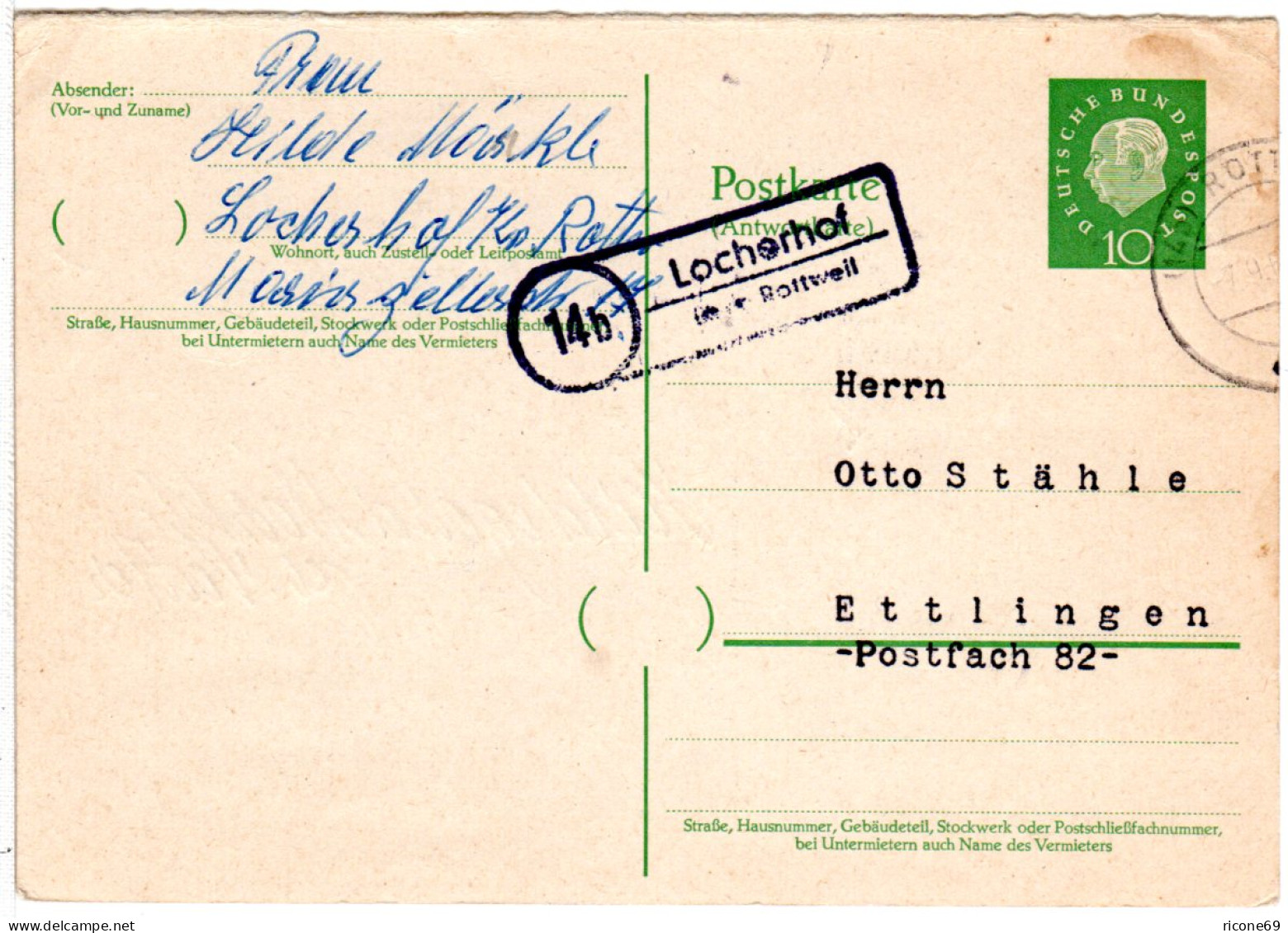 1961, Landpoststempel 14b LOCHERHOF über Rottweil Auf 10 Pf. Ganzsache - Sammlungen