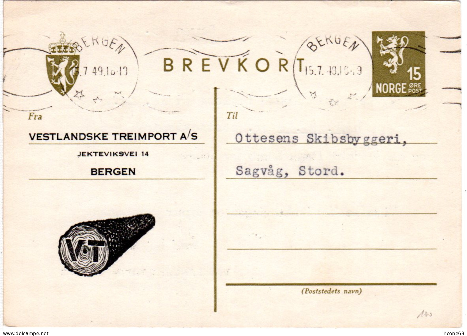 Norwegen 1949, 15 öre Ganzsache M. Abbildung Baumstamm M. VT U. Stpl. Bergen - Storia Postale