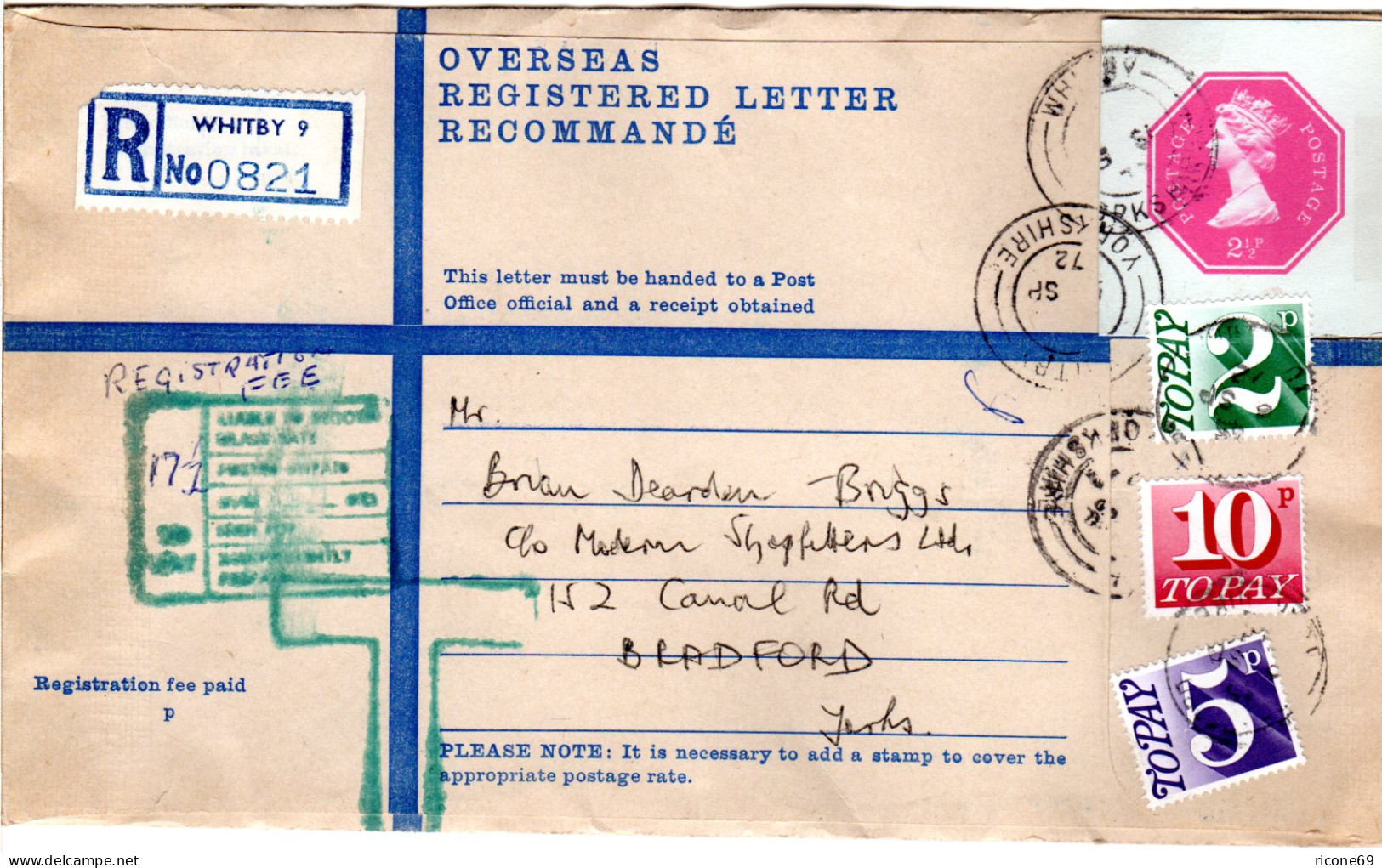 GB 1972, Stationery Cut Out On Regd. Letter From WHITBY With 3 Postage Dues - Autres & Non Classés