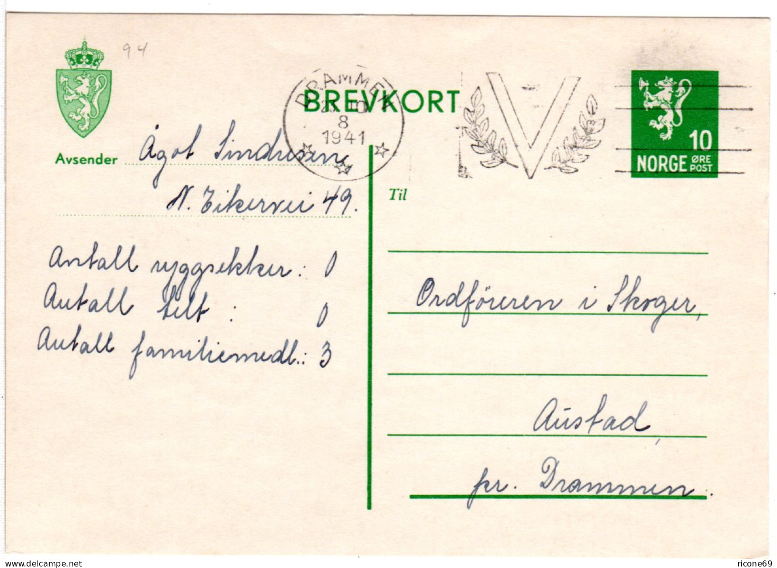 Norwegen 1941, Drammen V-Maschinenstempel Auf 10 öre Ganzsache N. Austad - Briefe U. Dokumente