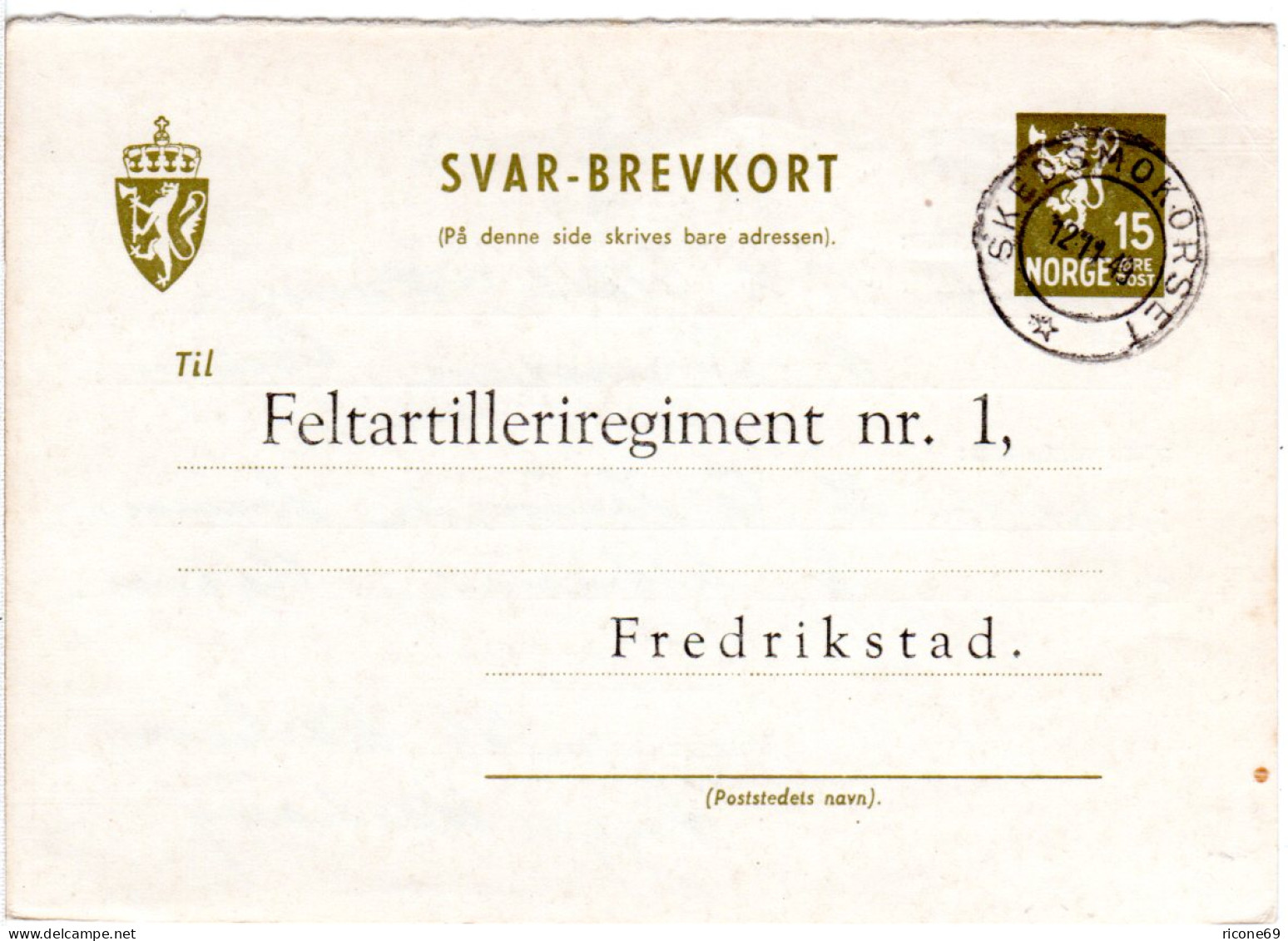 Norwegen 1949, Gebr. 15 öre Ganzsache Antwortteil M. Militärzudruck. - Lettres & Documents