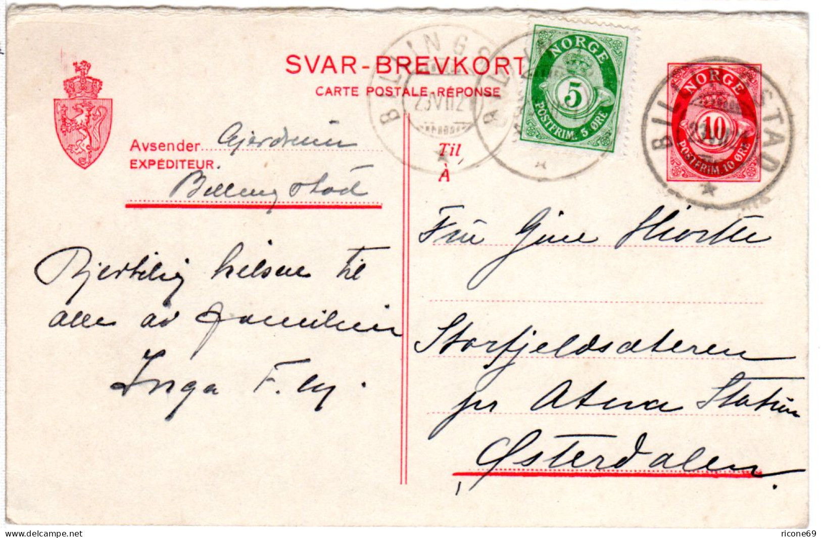 Norwegen P59 A, 10 öre Antwort Ganzsache M. 5 öre Zusatzfr. V. BILLINGSTAD - Lettres & Documents