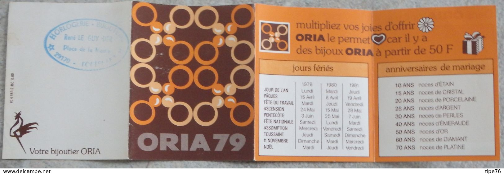 Petit Calendrier De Poche 1979 ORIA Bijou Bijoutier Fouesnant Finistère - Small : 1971-80