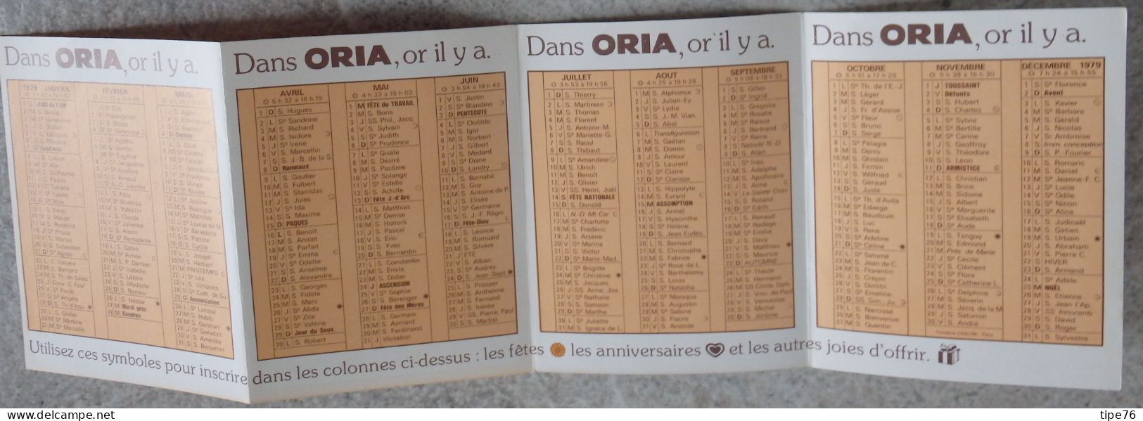 Petit Calendrier De Poche 1979 ORIA Bijou Bijoutier Fouesnant Finistère - Klein Formaat: 1971-80