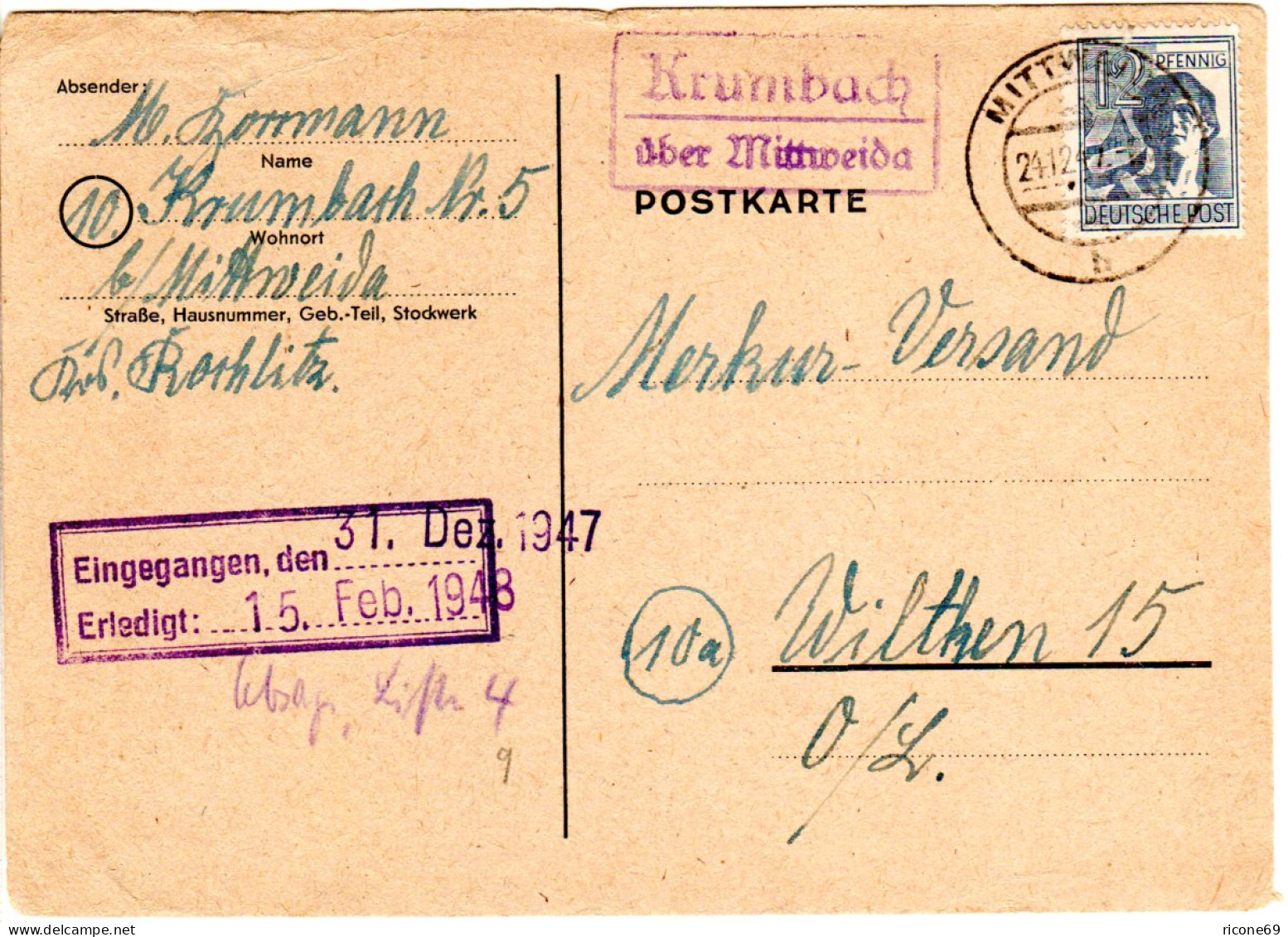 1947, Landpost Stempel KRUMBACH über Mittweida Auf Karte M. 12 Pf. - Collections