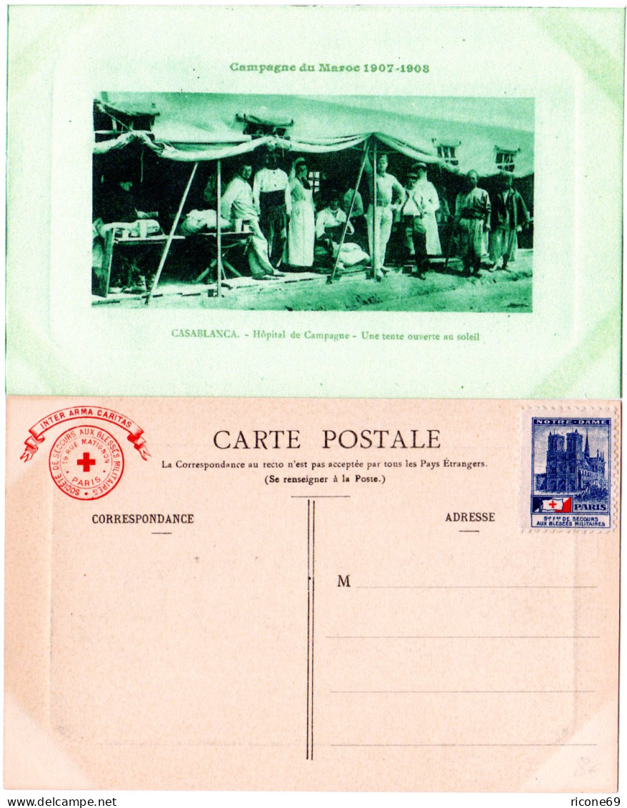 Marokko 1907/08, Casablanca Hostpital-AK M. Rotes Kreuz Vignette U- Zudruck - Autres - Afrique